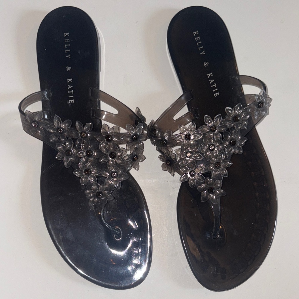 NEW Kelly & Katie Black Floral Jelly Thong Sandals Women’s size 11